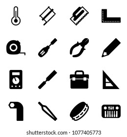 Solid vector icon set - thermometer vector, bucksaw, trowel, corner ruler, measuring tape, chisel, side cutters, pencil, multimeter, rasp, tool box, allen key, forceps, tambourine, toy piano