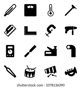 Solid vector icon set - thermometer vector, floor scales, mason hammer, trowel, corner ruler, clamp, drill machine, multimeter, rasp, stapler, allen key, forceps, drum, xylophone, horn toy