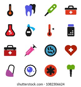 solid vector icon set - thermometer vector, flask, pills vial, heart cross, doctor bag, ambulance star, syringe, microbs, potion, bandage, ovule, tooth, implant