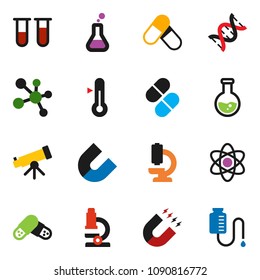 solid vector icon set  - thermometer vector, atom, telescope, microscope, magnet, flask, pills, molecule, vial, dna, drop counter