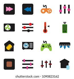 solid vector icon set - thermometer vector, gamepad, settings, remote control, stop button, forward, backward, equalizer, air conditioner, ari condition, smart home