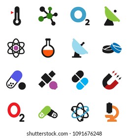 solid vector icon set - thermometer vector, atom, magnet, pills, molecule, oxygen, satellite, antenna, flask, microscope