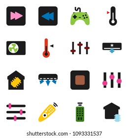 solid vector icon set - thermometer vector, gamepad, settings, remote control, stop button, forward, backward, equalizer, air conditioner, ari condition, smart home
