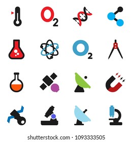 solid vector icon set - thermometer vector, drawing compass, atom, microscope, magnet, flask, molecule, oxygen, satellite, antenna, dna