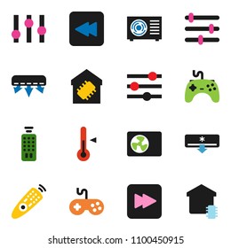 solid vector icon set - thermometer vector, gamepad, settings, remote control, forward button, backward, equalizer, air conditioner, air condition, smart home