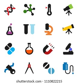 solid vector icon set - thermometer vector, drawing compass, telescope, microscope, magnet, molecule, satellite, flask, vial, dna, pills, drop counter