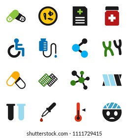 solid vector icon set - thermometer vector, pills, molecule, disabled, vial, dropper, bottle, blister, microbes, chromosomes, anamnesis, bandage, drop counter, head