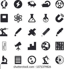 Solid vector icon set - thermometer flat vector, chemistry, radiation, magnet, pipette, microscope, tomograph, flask, atom, notepad, chart, pencil, moon, satellit, globe, lightning, notebook, ufo