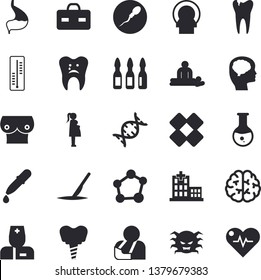 Solid vector icon set - thermometer flat vector, pipette, hospital, physician, virus, briefcase, medical analysis, massage, injury, patch, ampoule, tomograph, gestation, breast, scalpel, sperm, dna