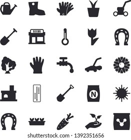Solid vector icon set - thermometer flat vector, fertilizer vectory, home plant, carrot, tree, flower, grain warehouse, horseshoe, shovel, seedlings, watering can, gumboots, tulip, water tap, sun