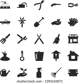 Solid vector icon set - thermometer flat vector, windmill, nesting box, pickup truck, pulverizer, grain warehouse, sprinkling machine, pitchfork, shovel, hose, knife, secateurs, paint brush, rake