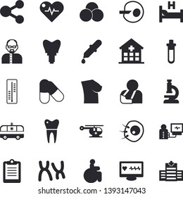 Solid vector icon set - thermometer flat vector, molecules, pipette, computer diagnostics of health, disabled, hospital, clipboard, bed, injury, ambulance, helicopter, breast, chromosomes, implant