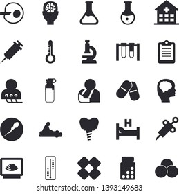 Solid vector icon set - thermometer flat vector, chemistry, pills, syringe, hospital, clipboard, bed, medical analysis, massage, injury, patch, diagnostics, ampoule, ultrasound, sperm, implant