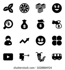 Solid vector icon set - three leafs vector, lemon slice, big cash, dollar smile, money search, bag, encashment, manager, growth arrow, atom core, playback, laser lever, toy caterpillar, bus