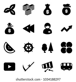 Solid vector icon set - three leafs vector, big cash, money bag, fast backward, manager, growth arrow, watermelone, hand wheel, forest, atom core, playback, scythe, xylophone, toy bus