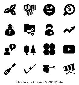 Solid vector icon set - three leafs vector, big cash, dollar smile, money search, bag, shared folder, manager, growth arrow, dialog, forest, atom core, playback, chisel, scythe, laser lever