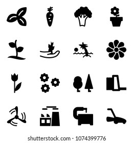 Solid vector icon set - three leafs vector, carrot, broccoli, flower pot, sproute, hand, palm, tulip, forest, water power plant, wind mill, machine tool, lawn mower