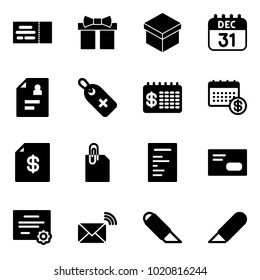 Solid vector icon set - ticket vector, gift, 31 dec calendar, patient card, medical label, finance, account statement, attachment, document, envelope, certificate, wireless mail, work knife