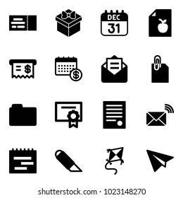Solid vector icon set - ticket vector, gift, 31 dec calendar, diet list, receipt, opened mail, attachment, folder, certificate, agreement, wireless, terms plan, work knife, kite, paper plane
