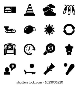 Solid vector icon set - ticket vector, road cone, clouds, garland, sleigh, lemon, sun, exchange, money chest, clock around, search, star medal, dialog, lounger, dowel, baseball bat