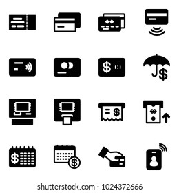 Solid vector icon set - ticket vector, credit card, tap pay, insurance, atm, receipt, finance calendar, identity