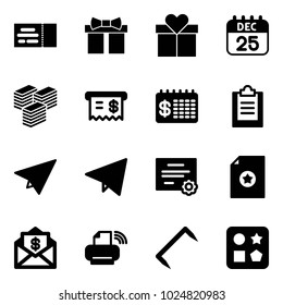 Solid vector icon set - ticket vector, gift, 25 dec calendar, big cash, receipt, finance, clipboard, paper plane, fly, certificate, mail dollar, printer wireless, staple, cube hole toy