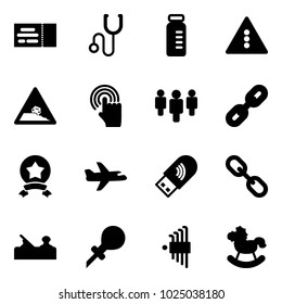 Solid vector icon set - ticket vector, stethoscope, vial, traffic light road sign, steep roadside, hand cursor, group, link, star medal, plane, usb wi fi, jointer, oiler, allen key set