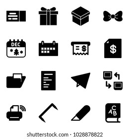 Solid vector icon set - ticket vector, gift, bow, christmas calendar, schedule, receipt, account statement, folder, document, paper fly, data exchange, printer wireless, staple, work knife, abc book