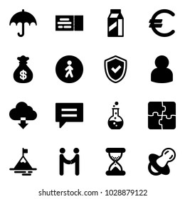 Solid vector icon set -ticket, milk, euro, money bag, pedestrian way road sign, shield check, user, download cloud, chat, round flask, puzzle, mountain, agreement, sand clock