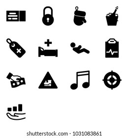 Solid vector icon set - ticket vector, lock, christmas glove, champagne, medical label, hospital bed, abdominal muscles, pulse clipboard, cash pay, railway intersection road sign, music, target