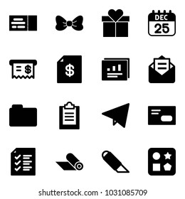 Solid vector icon set - ticket vector, bow, gift, 25 dec calendar, receipt, account statement, statistics report, opened mail, folder, clipboard, paper fly, envelope, list, mat, work knife