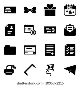 Solid vector icon set - ticket vector, bow, gift, christmas calendar, patient card, check, opened mail, folder, schedule, agreement, list, printer wireless, staple, kite, paper plane