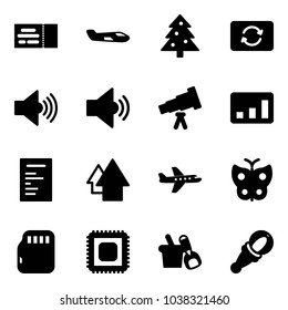 Solid vector icon set - ticket vector, small plane, christmas tree, card exchange, volume max, medium, telescope, statistics, document, arrow up, butterfly, micro flash, cpu, shovel bucket, beanbag