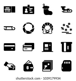 Solid vector icon set - ticket vector, identity, christmas sock, sleigh, wreath, sale, credit card, atm, pay, finance management, photo, micro flash