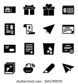 Solid vector icon set - ticket vector, gift, finance calendar, account statement, history, paper plane, schedule, envelope, agreement, garbage, certificate, photo, printer wireless, work knife