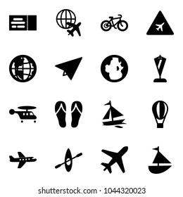 Solid vector icon set - ticket vector, plane globe, bike, airport road sign, paper, pennant, helicopter, flip flops, sail boat, air balloon, kayak, sailboat toy