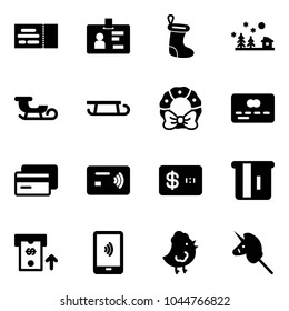 Solid vector icon set - ticket vector, identity, christmas sock, landscape, sleigh, wreath, credit card, tap pay, atm, mobile payment, chicken toy, unicorn stick