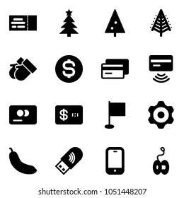 Solid vector icon set - ticket vector, christmas tree, gloves, dollar coin, credit card, tap pay, flag, gear, banana, usb wi fi, mobile phone, yoyo