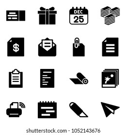 Solid vector icon set - ticket vector, gift, 25 dec calendar, big cash, account statement, opened mail, attachment, document, clipboard, mat, photo, printer wireless, terms plan, work knife