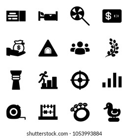 Solid vector icon set - ticket vector, hotel, lollipop, credit card, investment, tunnel road sign, group, golden branch, award, career, target, chart, measuring tape, abacus, beanbag, toy duck