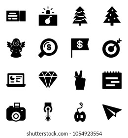 Solid vector icon set - ticket vector, terrorism, christmas tree, angel, money search, dollar flag, target, statistics monitor, diamond, victory, terms plan, camera, laser, yoyo, paper plane