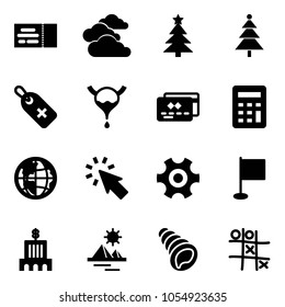 Solid vector icon set - ticket vector, clouds, christmas tree, medical label, bladder, credit card, calculator, globe, cursor, gear, flag, bank building, pyramid, shell, Tic tac toe