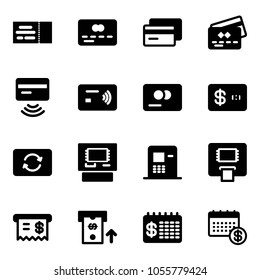 Solid vector icon set - ticket vector, credit card, tap pay, exchange, atm, receipt, finance calendar
