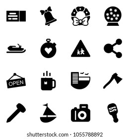 Solid vector icon set - ticket vector, bell, christmas wreath, snowball, snowmobile, stopwatch heart, children road sign, share, open, green tea, hotel, axe, nail, sailboat toy, camera, beanbag