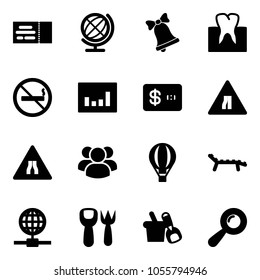 Solid vector icon set - ticket vector, globe, bell, tooth, no smoking sign, statistics, credit card, Road narrows, group, air balloon, lounger, shovel fork toy, bucket, beanbag