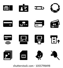 Solid vector icon set - ticket vector, identity, sleigh, christmas wreath, credit card, tap pay, atm, photo, sim, chicken toy, unicorn stick