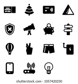 Solid Vector Icon Set - Ticket Vector, Christmas Tree, Tap Pay, Landslide Road Sign, Shield Cross, Telescope, Piggy Bank, Signpost, Air Balloon, Victory, Swimsuit, Power, Mobile Phone, Wi Fi Router