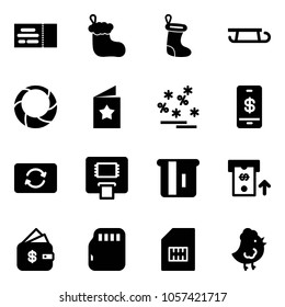 Solid vector icon set - ticket vector, christmas sock, sleigh, wreath, star postcard, sale, mobile payment, card exchange, atm, finance management, micro flash, sim, chicken toy