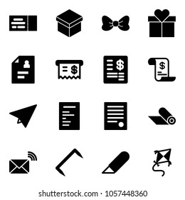 Solid vector icon set - ticket vector, gift, bow, patient card, receipt, account statement, history, paper plane, document, agreement, mat, wireless mail, staple, work knife, kite