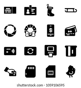 Solid vector icon set - ticket vector, identity, christmas sock, sleigh, wreath, mobile payment, credit card, tap pay, exchange, atm, micro flash, sim, chicken toy